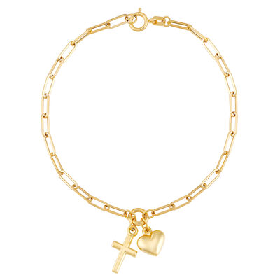 Paperclip Bracelet with Heart and Cross Charms in 14K Yellow Gold, 2MM, 7.25”