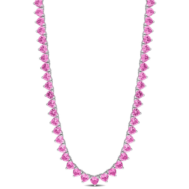 Lab Created Pink Sapphire Heart-Shaped Tennis Necklace