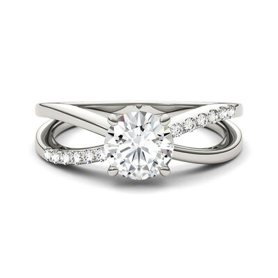 Round Moissanite Ring with Crisscross Band in 14K White Gold (1 1/8 ct. tw.)