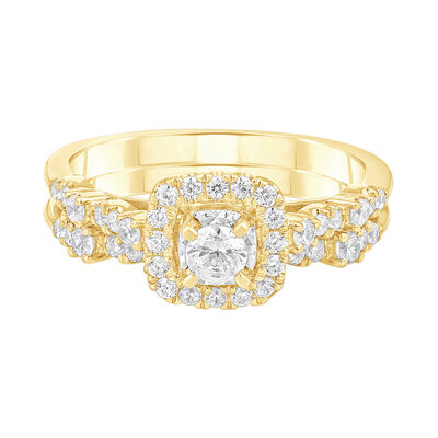 diamond bridal set with cushion-shaped halo in 10k yellow gold (3/4 ct. tw.)