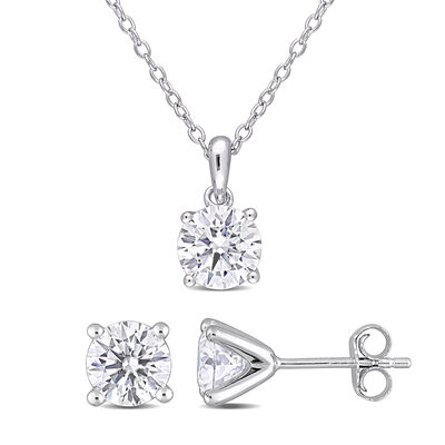 Lab-Created Moissanite Solitaire Pendant & Stud Earrings Set in Sterling Silver (3 ct. tw.)
