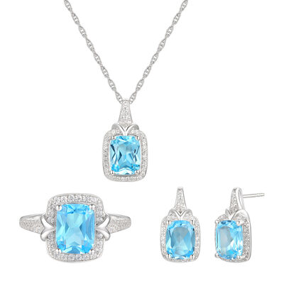 Cushion-Cut Blue Topaz & Lab Created White Sapphire Earring, Pendant & Ring Set in Sterling Silver