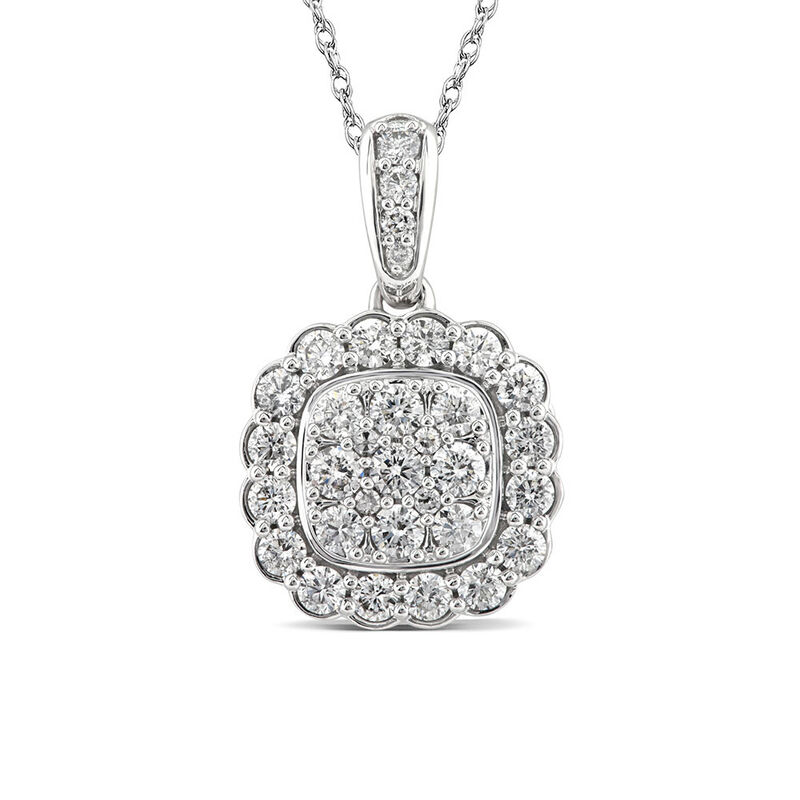 Cushion-Shaped Diamond Cluster Pendant with Scalloped Halo in 14K White Gold &#40;3/4 ct. tw.&#41;