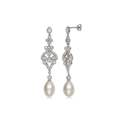 Pearl & Cubic Zirconia Dangle Earrings in Sterling Silver