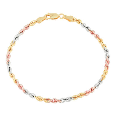 Tricolor Twisted Rope Bracelet in 10K Yellow, White & Rose Gold, 3MM, 7.5”