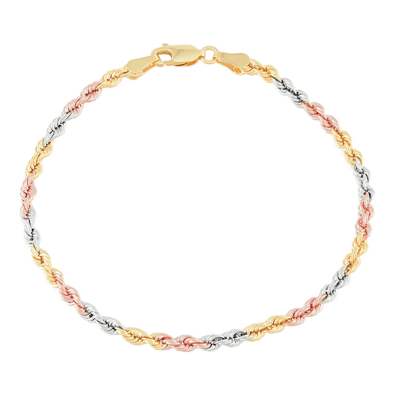 Tricolor Twisted Rope Bracelet in 10K Yellow, White &amp; Rose Gold, 3MM, 7.5&rdquo;