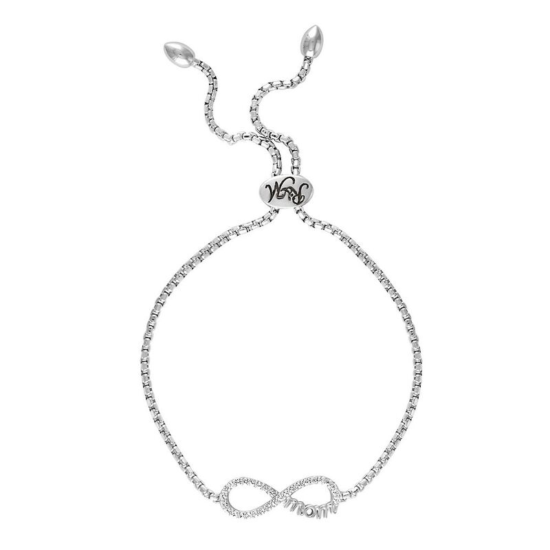 Rhythm &amp; Muse&amp;&#35;8482; Lab Created White Sapphire &quot;Mom&quot; Infinity Bolo Bracelet in Sterling Silver