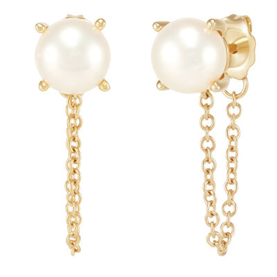 White Freshwater Pearl Stud Earrings with Chain in 10K Yellow Gold