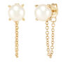 White Freshwater Pearl Stud Earrings with Chain in 10K Yellow Gold