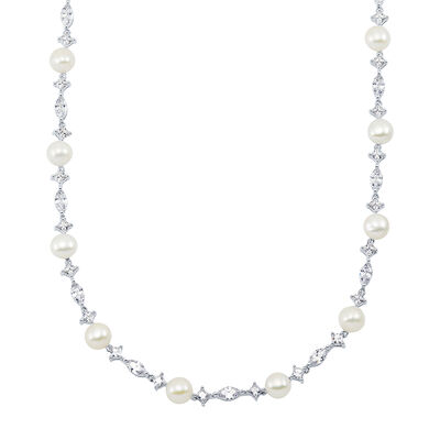 Freshwater Cultured Pearl & Lab Created White Sapphire Necklace in Sterling Silver