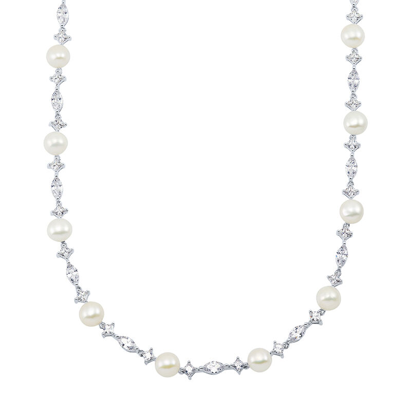 Freshwater Cultured Pearl &amp; Lab Created White Sapphire Necklace in Sterling Silver
