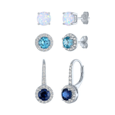 Three-Pair Gemstone Earrings Set in Sterling Silver