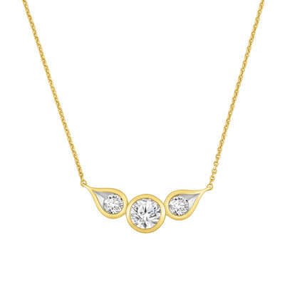 Lab Grown Diamond Three-Stone Bezel Necklace in 14K Yellow Gold (1 1/2 ct. tw.)
