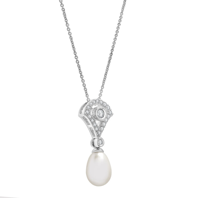 Freshwater Cultured Pearl and Lab-Created White Sapphire Drop Pendant in Sterling Silver
