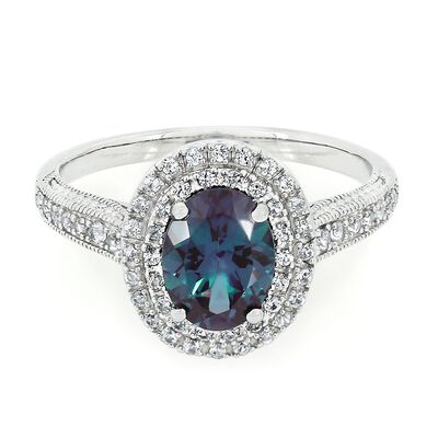Lab Created Alexandrite & White Sapphire Halo Ring in Sterling Silver