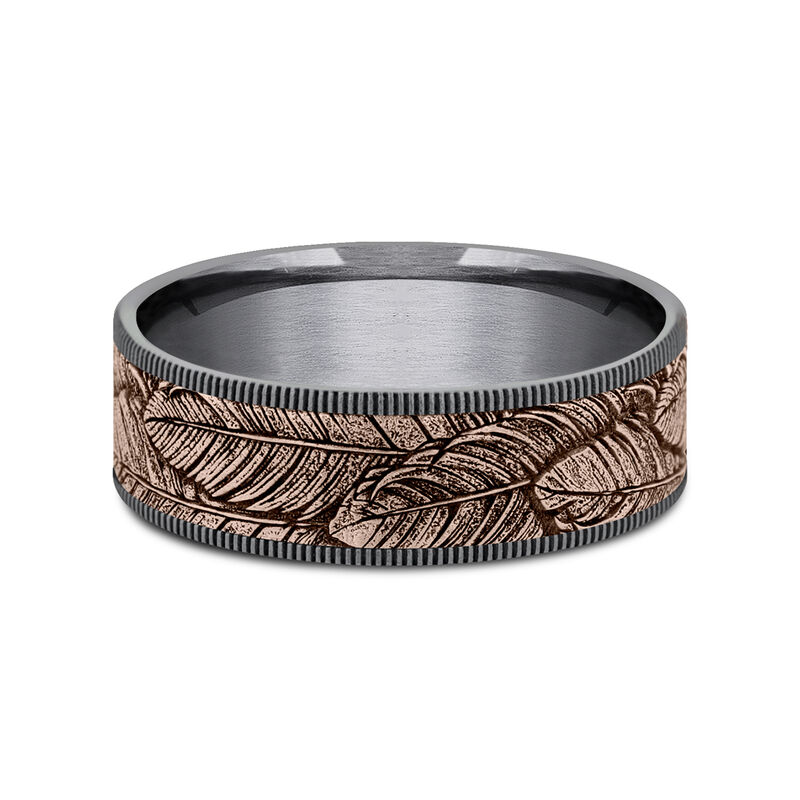 Men&rsquo;s Bird Feather Wedding Band in 14K Gold &amp; Tantalum, 7.5MM