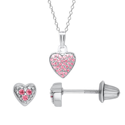 Children’s Heart Pendant & Earring Set with Cubic Zirconia in Sterling Silver