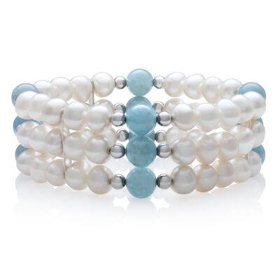 Freshwater Pearl and Aquamarine Bracelet in Sterling Silver