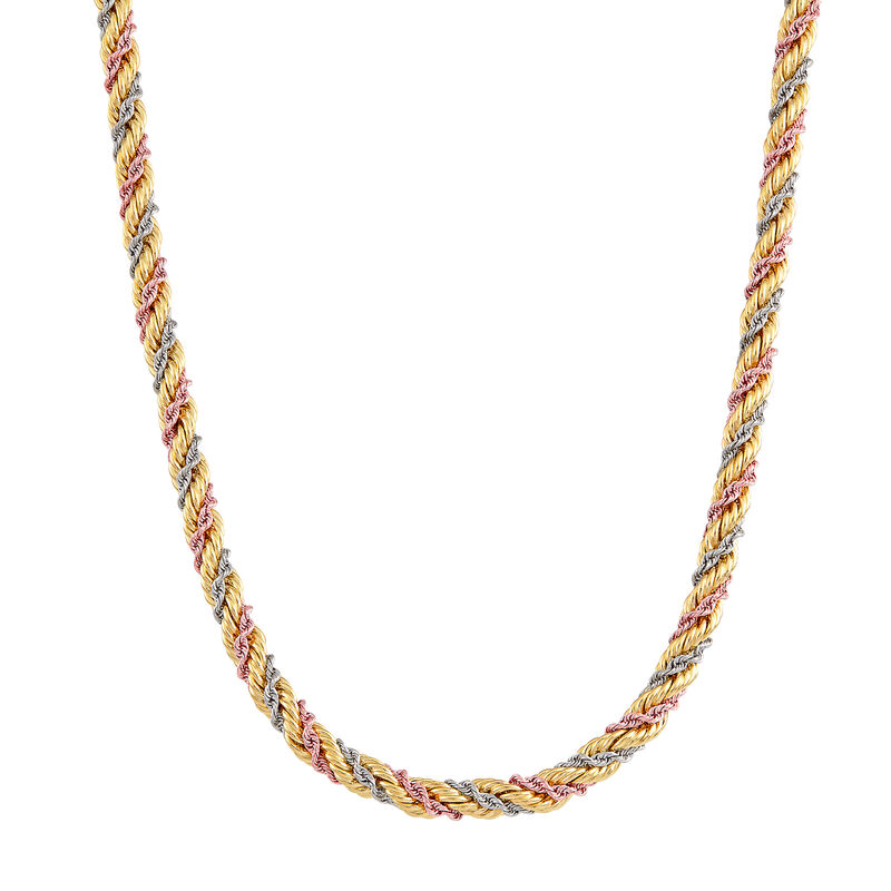 Tri-Tone Twisted Rope Chain in 10K White, Rose and Yellow Gold