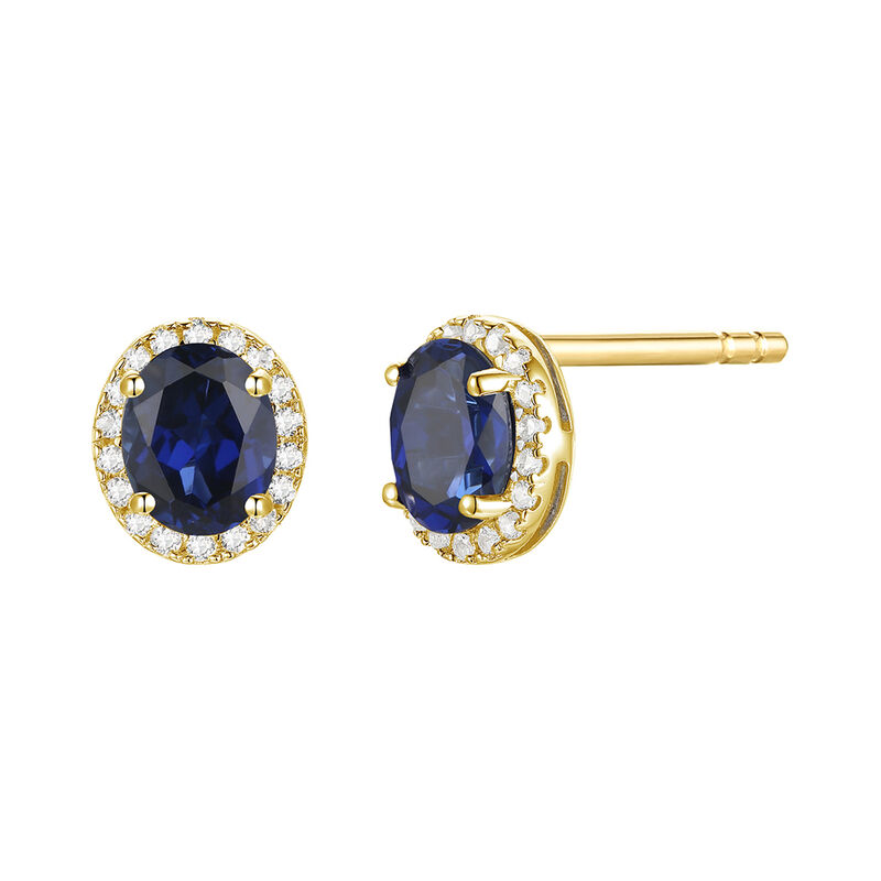 Oval-Shaped Blue Sapphire &amp; Diamond Halo Stud Earrings in 14K Yellow Gold &#40;1/10 ct. tw.&#41;