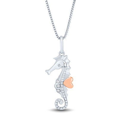 Seahorse Pendant with Diamond Accents in Sterling Silver and 14K Rose Gold