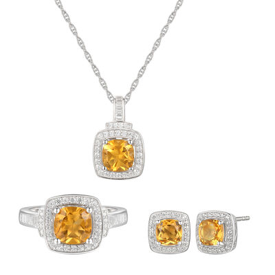 Cushion-Cut Citrine & Lab Created White Sapphire Earring, Pendant & Ring Set in Sterling Silver