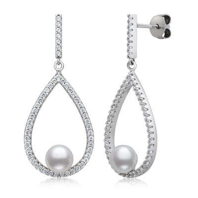 Button Cultured Pearl and Lab-Created White Sapphire Drop Earrings in Sterling Silver 