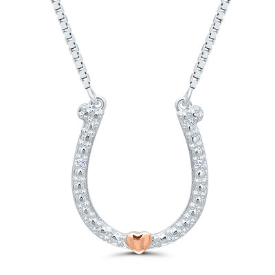 Diamond Accent Horseshoe Necklace in Sterling Silver and 14K Rose Gold