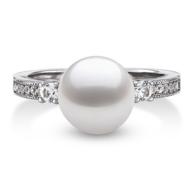 Cultured Freshwater Pearl and Lab-Created White Sapphire Ring in Sterling Silver