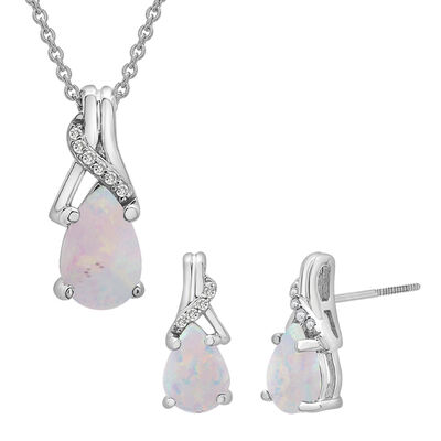 Lab Created Opal & Diamond Pendant & Earrings Boxed Set in Sterling Silver