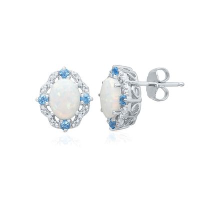 Lab Created Opal, Blue Topaz & Diamond Earrings in Sterling Silver