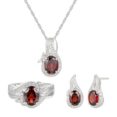 Oval Garnet & Lab-Created White Sapphire Earring, Pendant & Ring Set in Sterling Silver