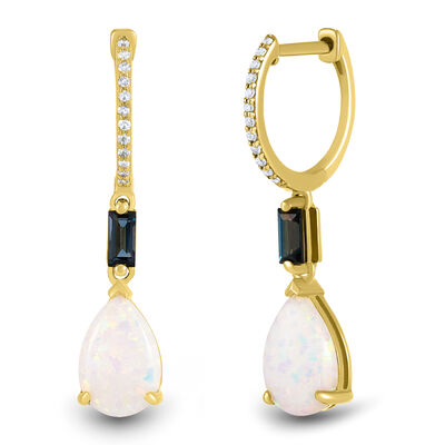 Lab-Created Opal, London Blue Topaz & Diamond Accent Drop Earrings in 10K Yellow Gold 