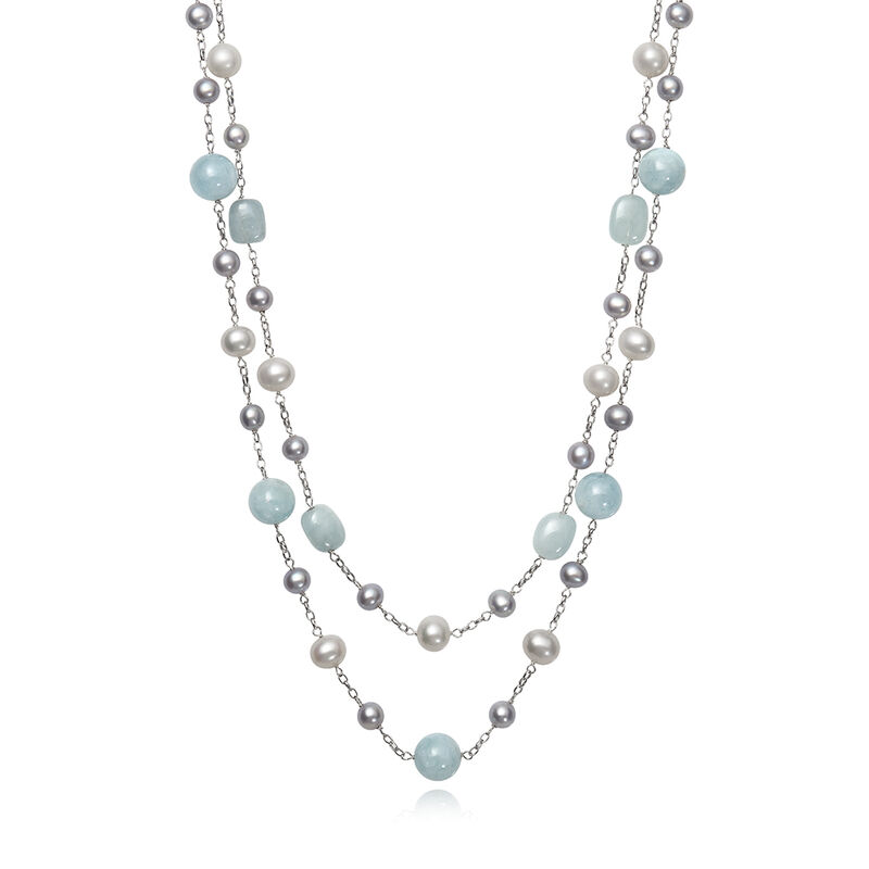 Freshwater Cultured Pearl &amp; Aquamarine Tin Cup Necklace