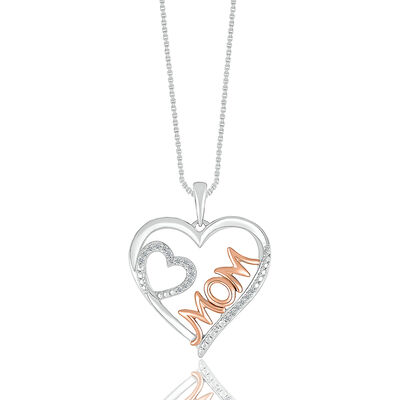 Double Heart Diamond Accent Mom Pendant in Sterling Silver and 10K Rose Gold