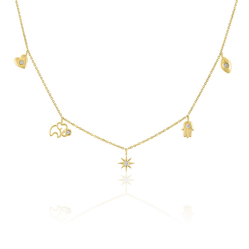 Diamond Accent Multi-Charm Necklace in 10K Yellow Gold