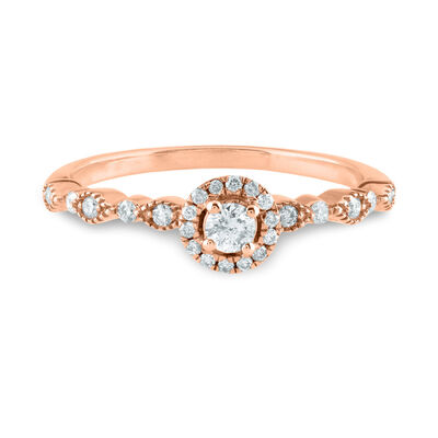 Round Diamond Ring with Halo & Scalloped Band in 14K Rose Gold (1/4 ct. tw.)