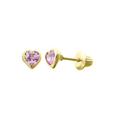 Children's Pink Cubic Zirconia Heart Stud Earrings in 14K Yellow Gold