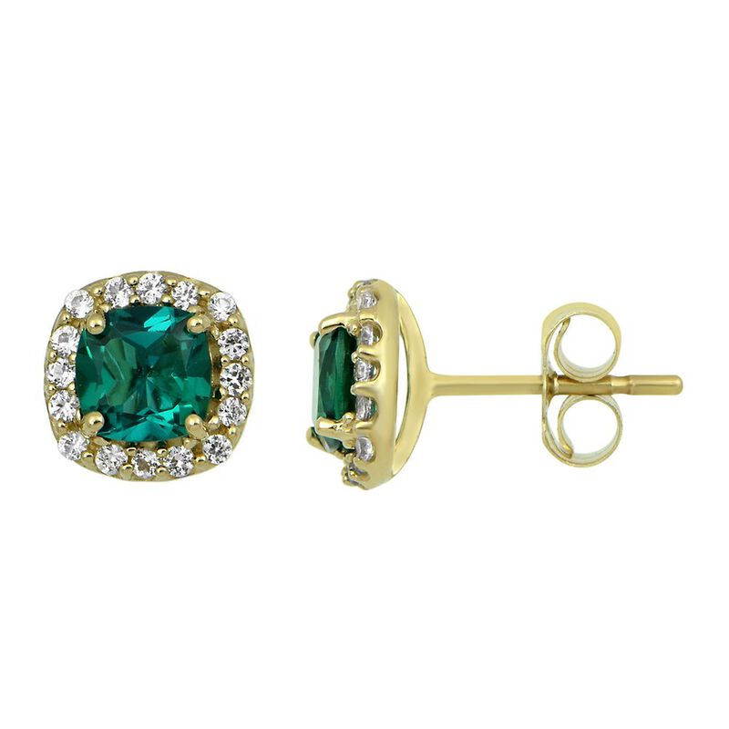 Lab Created Emerald &amp; White Sapphire Stud Earrings in 10K Yellow Gold