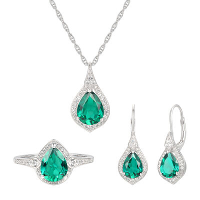 Pear-Shaped Lab Created Emerald Earring, Pendant & Ring Set in Sterling Silver