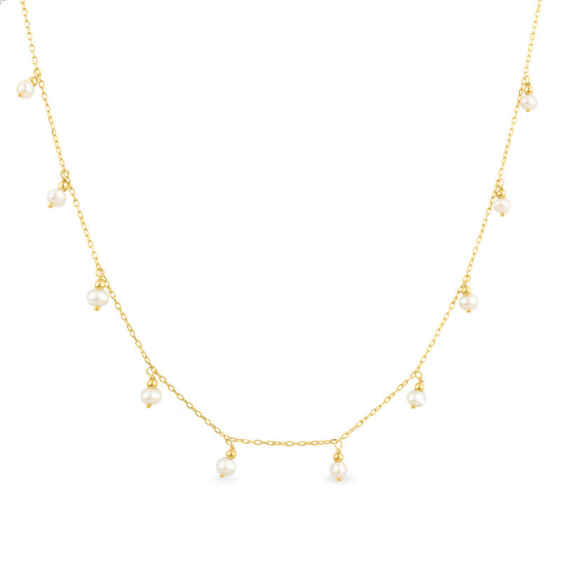 Dangle Pearl Station Necklace in 10K Yellow Gold