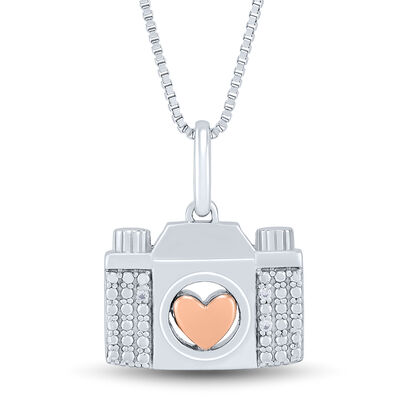 Camera Pendant with Diamond Accents in Sterling Silver and 14K Rose Gold