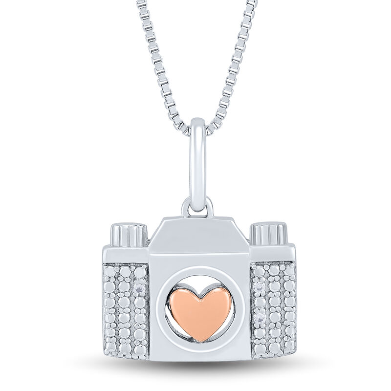 Camera Pendant with Diamond Accents in Sterling Silver and 14K Rose Gold