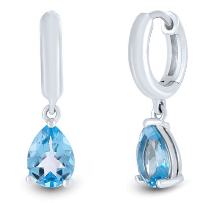 Pear-Shaped Blue Topaz Dangle Hoop Earrings in Sterling Silver
