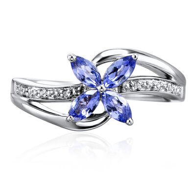 Tanzanite and Diamond Accent Flower Ring in Sterling Silver