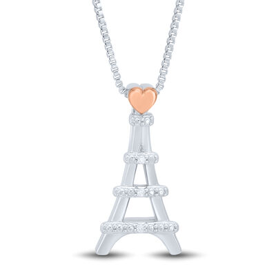 Diamond Accent Eiffel Tower Pendant in Sterling Silver and 14K Rose Gold
