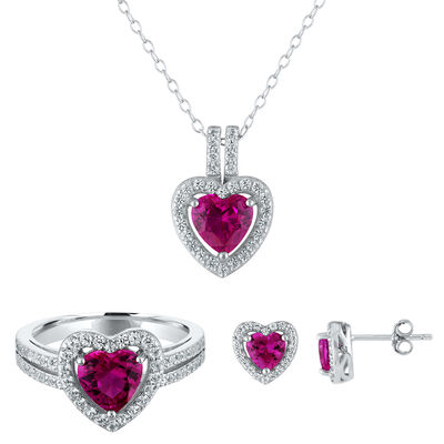Heart-Shaped Lab-Created Ruby Earring, Pendant & Ring Set in Sterling Silver