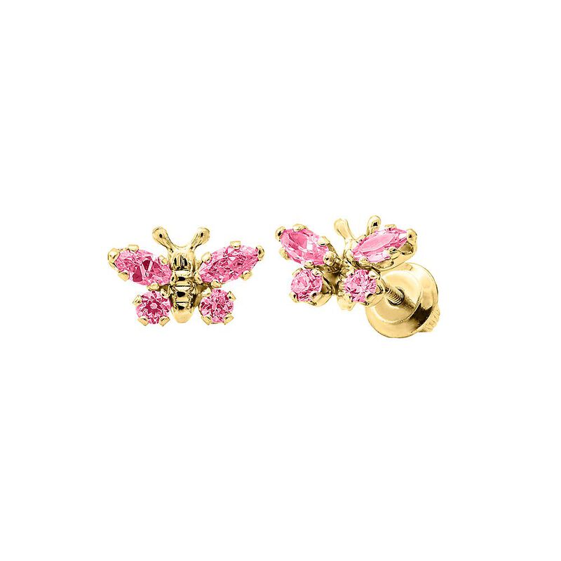 Children&#39;s Lab Created Pink Crystal Butterfly Stud Earrings in 14K Yellow Gold
