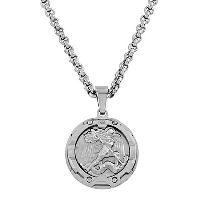 Saint Michael Pendant with Diamond Accent in Stainless Steel, 24”