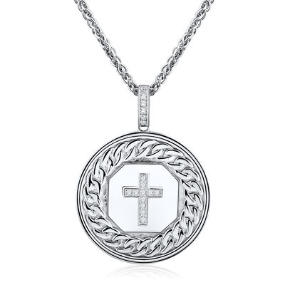 Men’s Diamond Cross Medallion Pendant in Sterling Silver, 22” (1/7 ct. tw.)